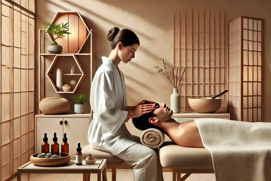 A serene Japanese head spa scene that captures the tranquil atmosphere and the professional care provided during the treatment.